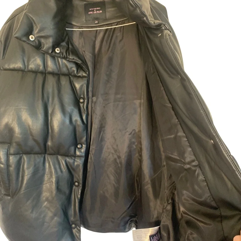 Avec Les Filles Black Puffer Jacket Women's L Large Snap Front Winter Warm Shiny